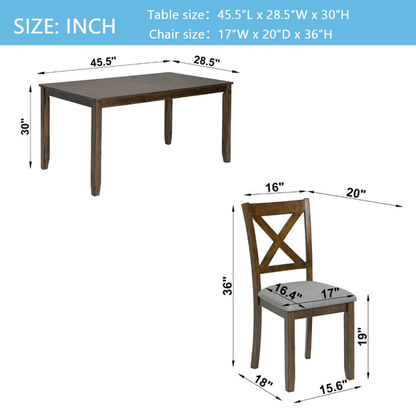 English Elm Wooden 5 Piece Walnut Dining Set with X Back Linen Chairs for Compact Kitchens W1998S00016
