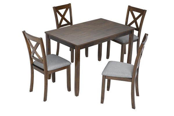 English Elm Wooden 5 Piece Walnut Dining Set with X Back Linen Chairs for Compact Kitchens W1998S00016