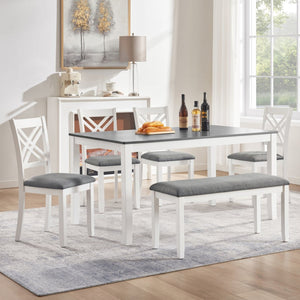 English Elm 6 Piece Farmhouse Dining Set Rubberwood Table Linen Chairs Bench Seats Six W1998S00106