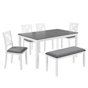 English Elm 6 Piece Farmhouse Dining Set Rubberwood Table Linen Chairs Bench Seats Six W1998S00106