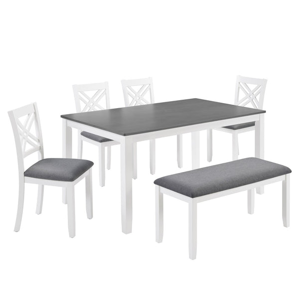 English Elm 6 Piece Farmhouse Dining Set Rubberwood Table Linen Chairs Bench Seats Six W1998S00106