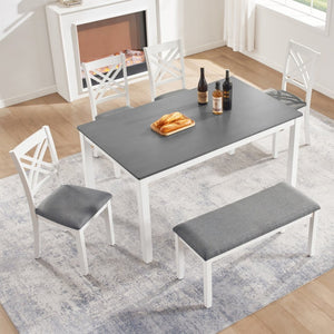 English Elm 6 Piece Farmhouse Dining Set Rubberwood Table Linen Chairs Bench Seats Six W1998S00106