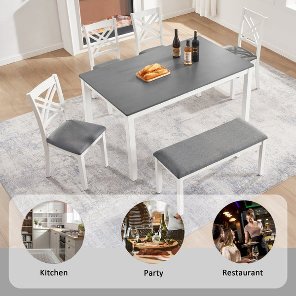 English Elm 6 Piece Farmhouse Dining Set Rubberwood Table Linen Chairs Bench Seats Six W1998S00106