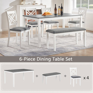 English Elm 6 Piece Farmhouse Dining Set Rubberwood Table Linen Chairs Bench Seats Six W1998S00106