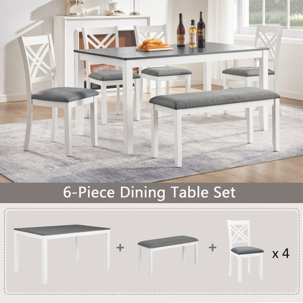 English Elm 6 Piece Farmhouse Dining Set Rubberwood Table Linen Chairs Bench Seats Six W1998S00106