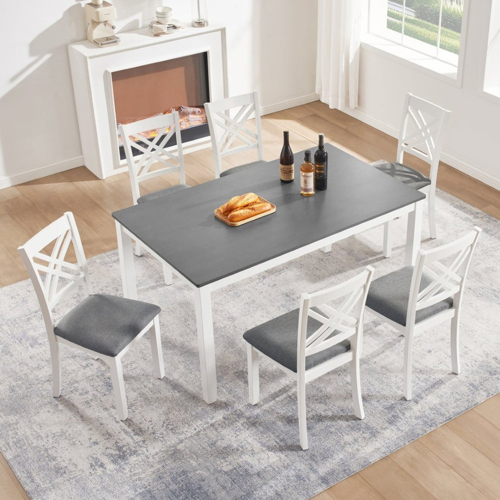 English Elm Modern Rubberwood Dining Set for Six with Linen X-Back Chairs and Scratch-Resistant Table Grey+White - A W1998S00107