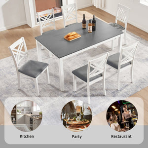 English Elm Modern Rubberwood Dining Set for Six with Linen X-Back Chairs and Scratch-Resistant Table Grey+White - A W1998S00107