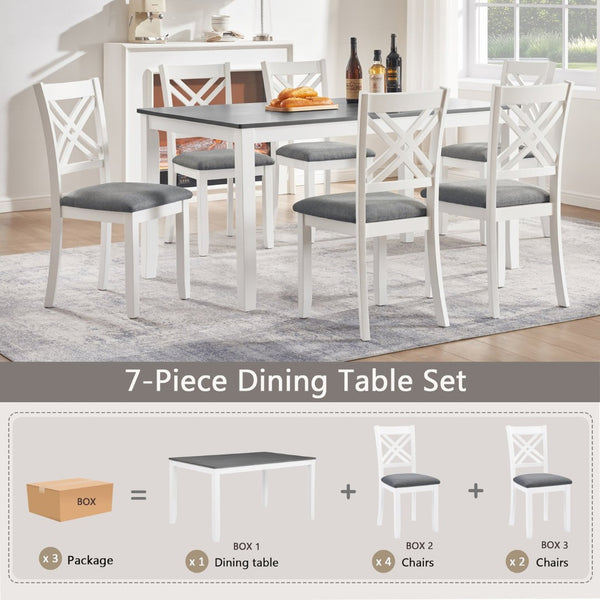 English Elm Modern Rubberwood Dining Set for Six with Linen X-Back Chairs and Scratch-Resistant Table Grey+White - A W1998S00107