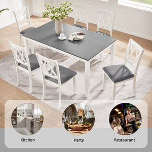 English Elm Modern Rubberwood Dining Set for Six with Linen X-Back Chairs and Scratch-Resistant Table Grey+White - B W1998S00108