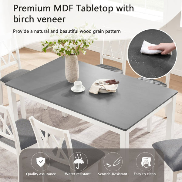 English Elm Modern Rubberwood Dining Set for Six with Linen X-Back Chairs and Scratch-Resistant Table Grey+White - B W1998S00108
