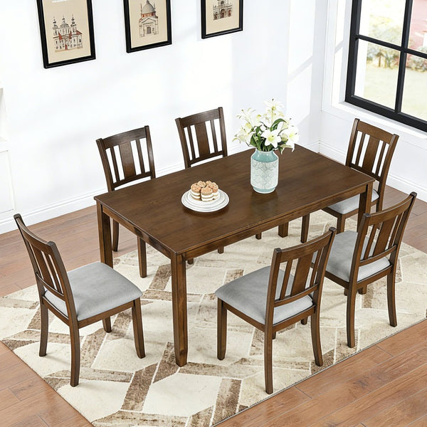 English Elm Modern Rectangular Dining Set Seats Six with Upholstered Linen Chairs and Walnut Rubberwood W1998S00109