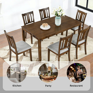 English Elm Modern Rectangular Dining Set Seats Six with Upholstered Linen Chairs and Walnut Rubberwood W1998S00109