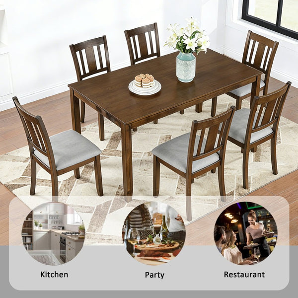 English Elm Modern Rectangular Dining Set Seats Six with Upholstered Linen Chairs and Walnut Rubberwood W1998S00109
