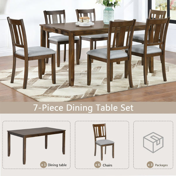 English Elm Modern Rectangular Dining Set Seats Six with Upholstered Linen Chairs and Walnut Rubberwood W1998S00109