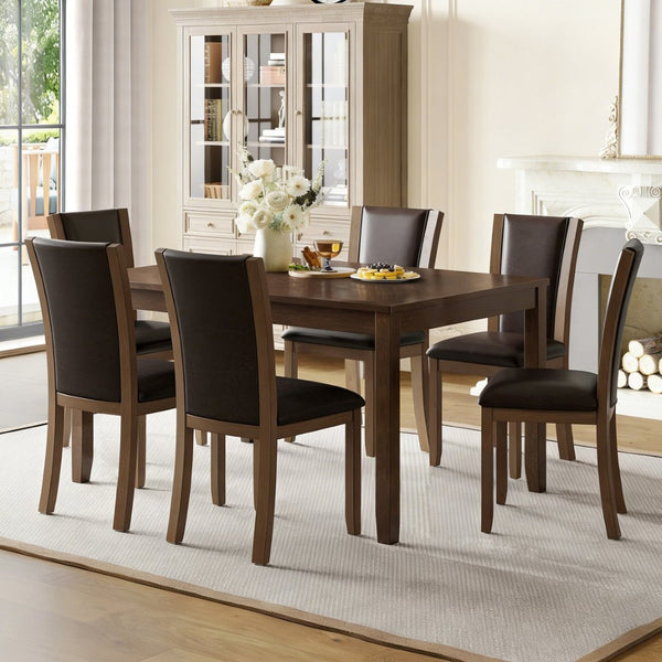 English Elm Modern Walnut Birch Veneer Rectangular Dining Table Set with Six Upholstered Pu Chairs W1998S00110