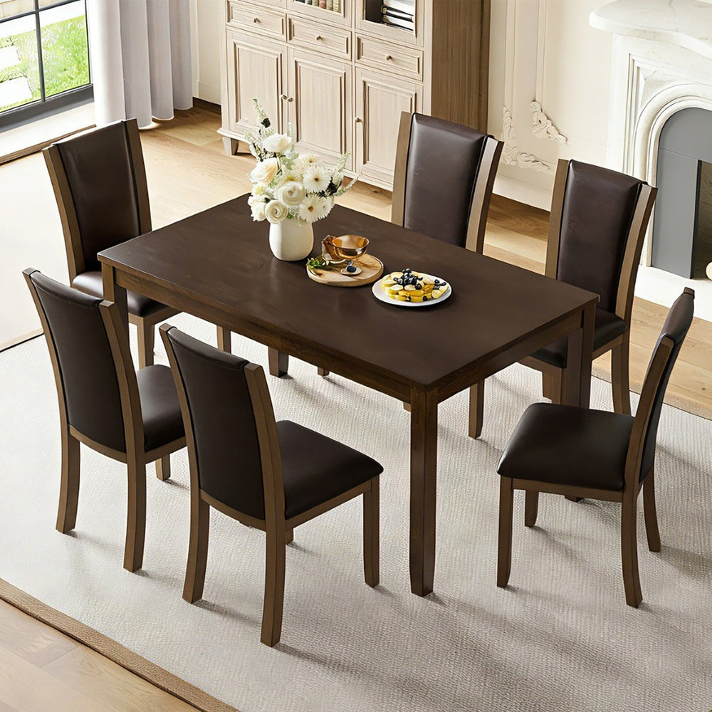 English Elm Modern Walnut Birch Veneer Rectangular Dining Table Set with Six Upholstered Pu Chairs W1998S00110