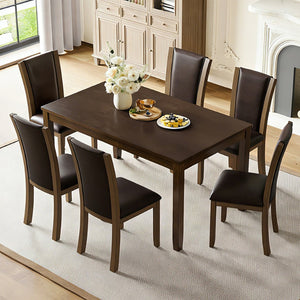 English Elm Modern Walnut Birch Veneer Rectangular Dining Table Set with Six Upholstered Pu Chairs W1998S00110