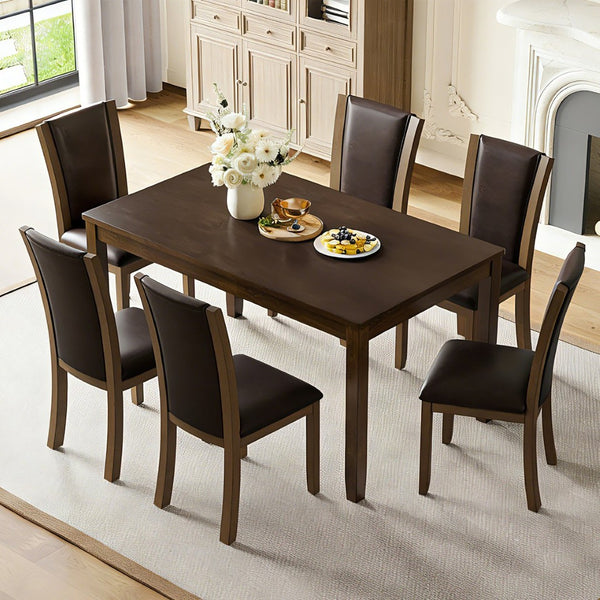 English Elm Modern Walnut Birch Veneer Rectangular Dining Table Set with Six Upholstered Pu Chairs W1998S00110
