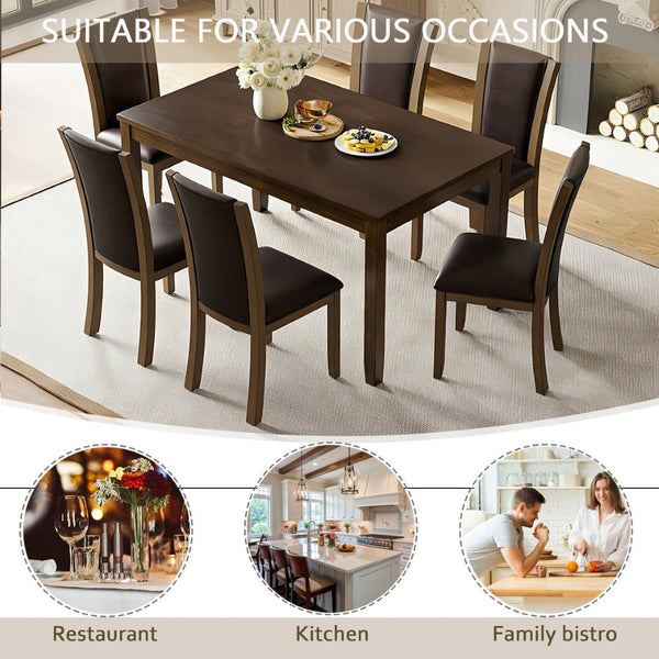 English Elm Modern Walnut Birch Veneer Rectangular Dining Table Set with Six Upholstered Pu Chairs W1998S00110