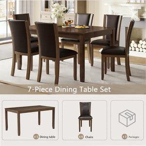 English Elm Modern Walnut Birch Veneer Rectangular Dining Table Set with Six Upholstered Pu Chairs W1998S00110