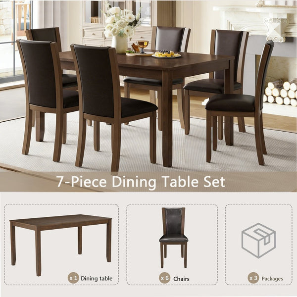 English Elm Modern Walnut Birch Veneer Rectangular Dining Table Set with Six Upholstered Pu Chairs W1998S00110