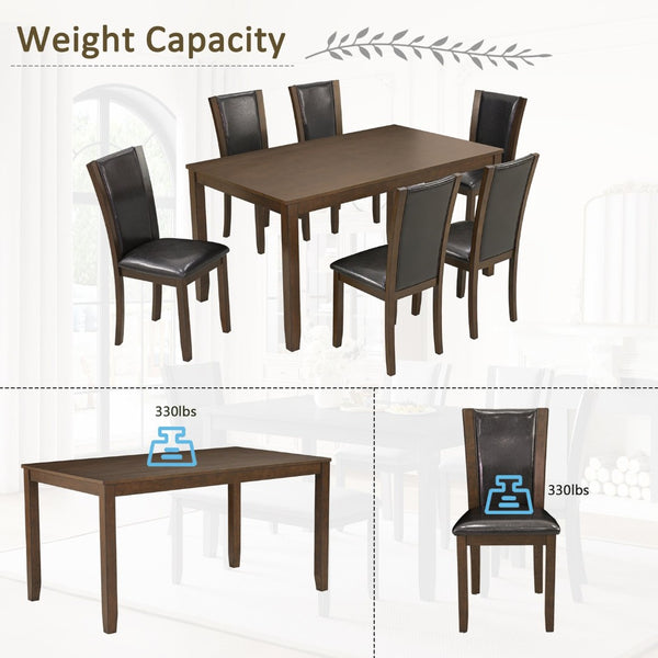 English Elm Modern Walnut Birch Veneer Rectangular Dining Table Set with Six Upholstered Pu Chairs W1998S00110