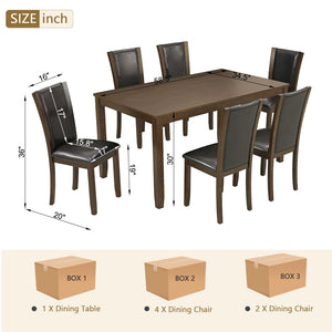 English Elm Modern Walnut Birch Veneer Rectangular Dining Table Set with Six Upholstered Pu Chairs W1998S00110