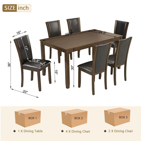 English Elm Modern Walnut Birch Veneer Rectangular Dining Table Set with Six Upholstered Pu Chairs W1998S00110
