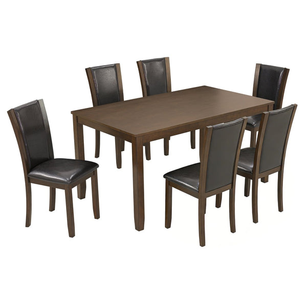 English Elm Modern Walnut Birch Veneer Rectangular Dining Table Set with Six Upholstered Pu Chairs W1998S00110