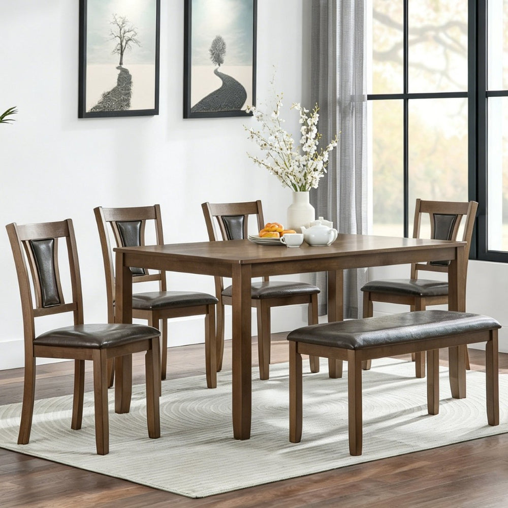 English Elm 6-Piece Farmhouse Dining Set with Walnut Table Upholstered Chairs and Bench Seats Six W1998S00112