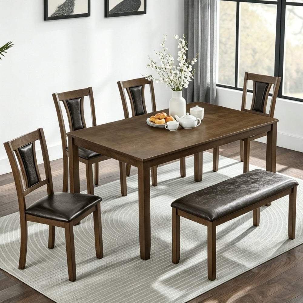English Elm 6-Piece Farmhouse Dining Set with Walnut Table Upholstered Chairs and Bench Seats Six W1998S00112