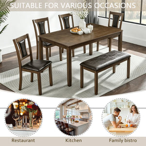 English Elm 6-Piece Farmhouse Dining Set with Walnut Table Upholstered Chairs and Bench Seats Six W1998S00112