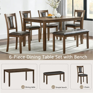 English Elm 6-Piece Farmhouse Dining Set with Walnut Table Upholstered Chairs and Bench Seats Six W1998S00112