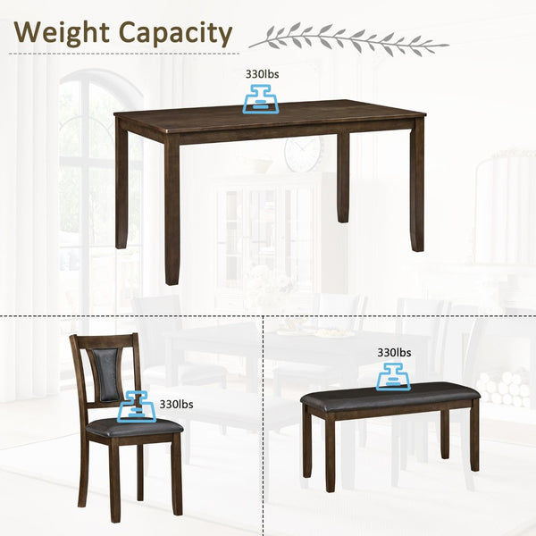 English Elm 6-Piece Farmhouse Dining Set with Walnut Table Upholstered Chairs and Bench Seats Six W1998S00112