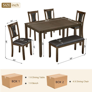 English Elm 6-Piece Farmhouse Dining Set with Walnut Table Upholstered Chairs and Bench Seats Six W1998S00112
