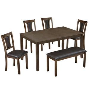 English Elm 6-Piece Farmhouse Dining Set with Walnut Table Upholstered Chairs and Bench Seats Six W1998S00112