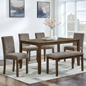 English Elm 6-piece Farmhouse Dining Set with Bench Upholstered Chairs Walnut Rubberwood Table W1998S00113