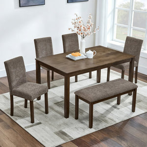 English Elm 6-piece Farmhouse Dining Set with Bench Upholstered Chairs Walnut Rubberwood Table W1998S00113