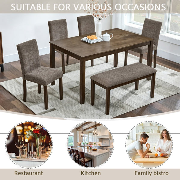 English Elm 6-piece Farmhouse Dining Set with Bench Upholstered Chairs Walnut Rubberwood Table W1998S00113