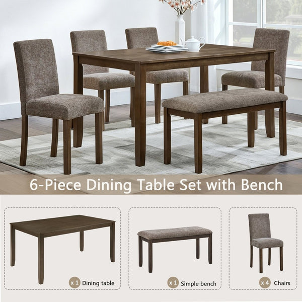 English Elm 6-piece Farmhouse Dining Set with Bench Upholstered Chairs Walnut Rubberwood Table W1998S00113