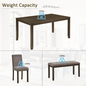English Elm 6-piece Farmhouse Dining Set with Bench Upholstered Chairs Walnut Rubberwood Table W1998S00113