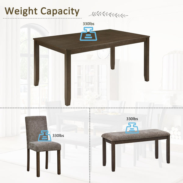 English Elm 6-piece Farmhouse Dining Set with Bench Upholstered Chairs Walnut Rubberwood Table W1998S00113