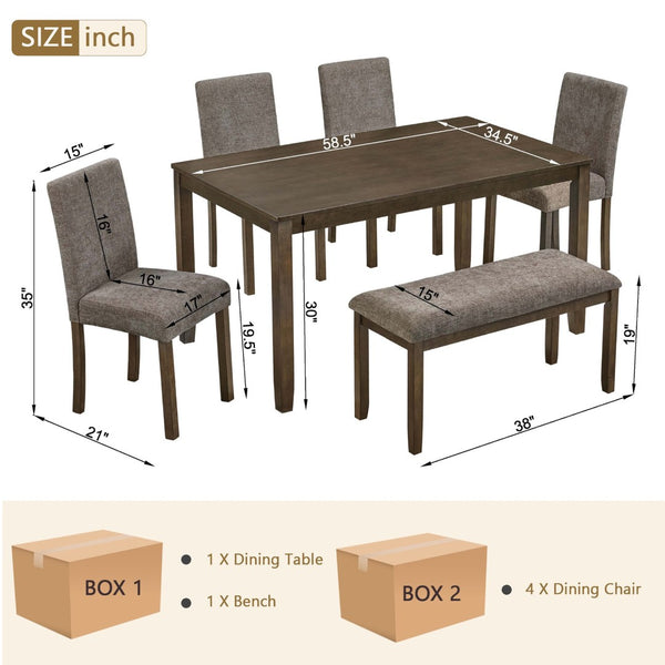 English Elm 6-piece Farmhouse Dining Set with Bench Upholstered Chairs Walnut Rubberwood Table W1998S00113