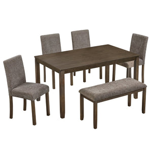 English Elm 6-piece Farmhouse Dining Set with Bench Upholstered Chairs Walnut Rubberwood Table W1998S00113