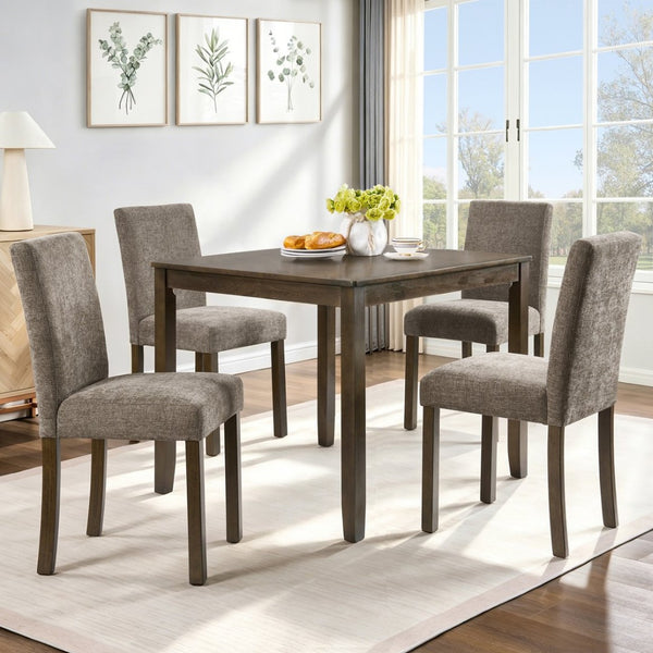 English Elm 5-piece Farmhouse Dining Set Rubberwood Table Chenille Chairs Walnut Kitchen W1998S00114