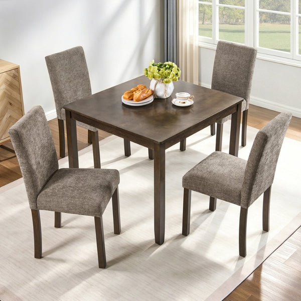 English Elm 5-piece Farmhouse Dining Set Rubberwood Table Chenille Chairs Walnut Kitchen W1998S00114