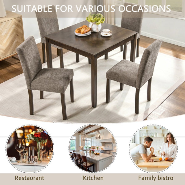 English Elm 5-piece Farmhouse Dining Set Rubberwood Table Chenille Chairs Walnut Kitchen W1998S00114