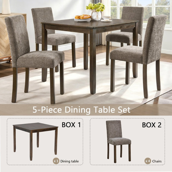 English Elm 5-piece Farmhouse Dining Set Rubberwood Table Chenille Chairs Walnut Kitchen W1998S00114