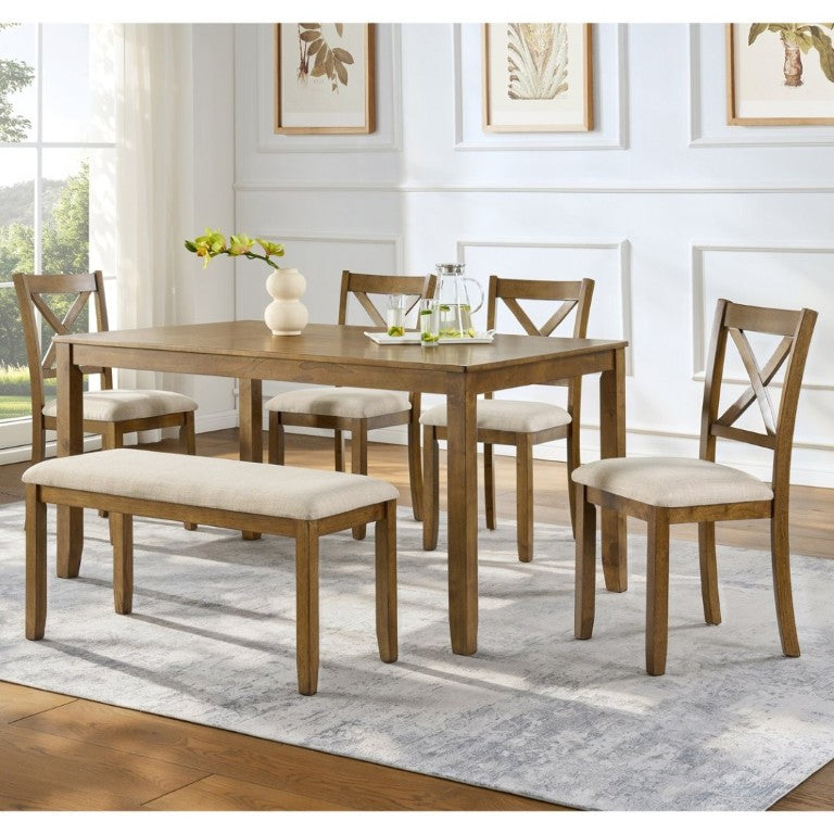 English Elm Oak Farmhouse Six Piece Dining Set with Rubberwood Frame Bench and X-Back Chairs W1998S00115