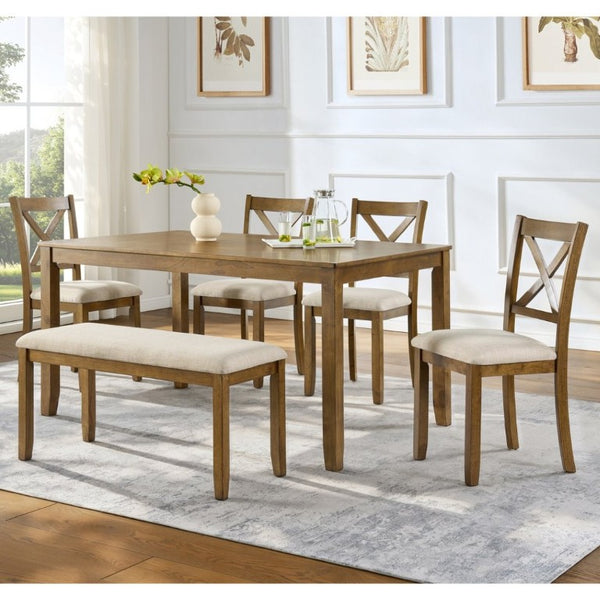 English Elm Oak Farmhouse Six Piece Dining Set with Rubberwood Frame Bench and X-Back Chairs W1998S00115